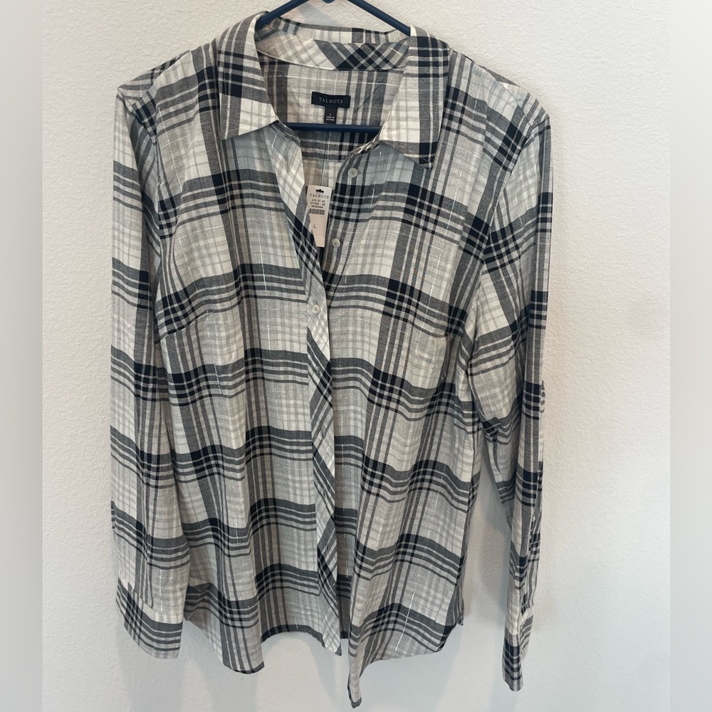 Talbots Women’s flannel shirt white, black, gray. Size Large.  New with tags